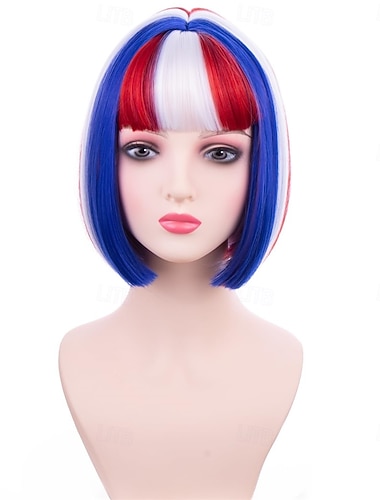  Perruque bleu rouge blanc avec frange pour femmes filles perruques bob courte du 4 juillet perruque synthétique résistante à la chaleur pour la fête du 4 juillet