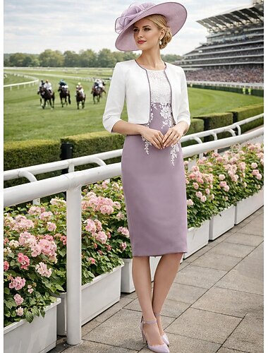  Tweedelig Strak kolom Jurk pak Tot de knie Bruiloft gast jurk Moeder van de bruid jurk 3/4 mouw Met sieraad Elegant Bruiloft gast Kerk (83 Chiffon Satijn Kant Jas Jurken met Appliqués