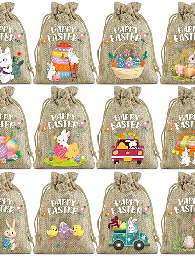  12 Stück Ostergeschenktüten aus Jute mit Kordelzug, 15 x 10 cm, Osterhasen-Geschenktüten, bunte Jute-Geschenktüten mit Hasen- und Eiermotiven, geeignet für kleine Geschenke, Schmuck, Snacks und