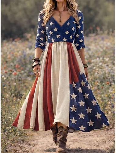  Unabhängigkeitstag Patriotisches Damen Midi Kleid Lässiges Kleid Party Lässig Boho Date Reguläre Passform Grafik Flagge Langarm V-Ausschnitt Blau Sommer Frühling