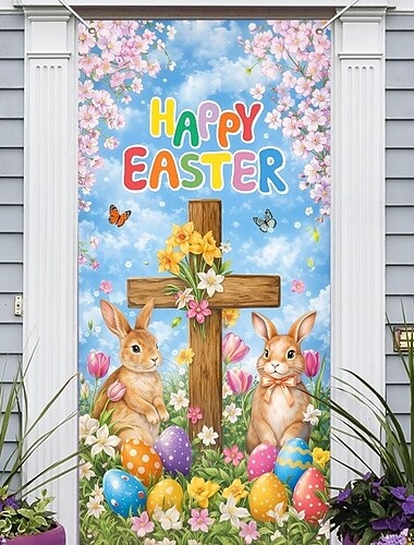  Ostertürdekoration mit niedlichen Häschen, bunten Eiern und einem Kreuz mit blühenden Blumen, christliche religiöse Dekoration, perfekt für festliche Frühlingsfeiertage und Osterfeiern im Freien