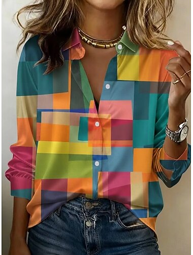  Dames Overhemd Grafisch Geometrisch Kleurenblok Vintage Stijlvol Modern Lange mouw Overhemdkraag Normale tops Dagelijks Feestdagen Licht Paars Oranje Groen Zomer Lente