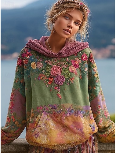 Womens 3D Druck Vintage Boho Kapuzenpullover Patchwork Kapuzenpullover Sweatshirt Floral Pullover Sweatshirt Casual Langarm Kapuzen Street Alltagsmode Fronttasche Gras Hellrosa Lila Grün Frühling