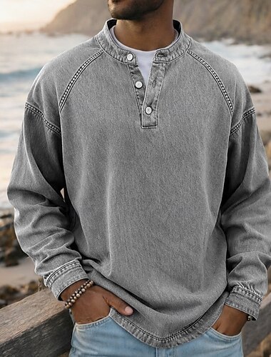  Homme T-shirt Chemise Henley Chemise 100% coton délavée à l'acide manche longue Couleur Unie Uni ancien Streetwear Occasionnel Teinture en vêtement Pur Lavé Col montant Henley Occasionnel Maison Rue