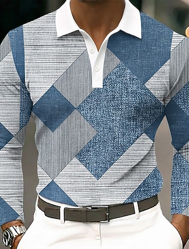  Miesten Väripalikka Geometrinen Poolopaidat Pitkähihainen Poolopaidat Kauluskäänne Business Casual ulko- Urheilu- ja treenivaatteet Arki-asut 3D-tulostus Napit Kevät Syksy Sininen Laivaston sininen