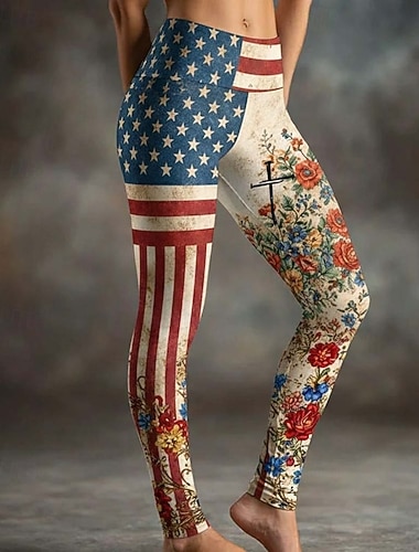  Leggings patrióticas femininas do Dia da Independência férias estilo étnico vintage comprimento total cintura alta calças gráfica de bandeira nacional impressão 3D conforto secagem rápida