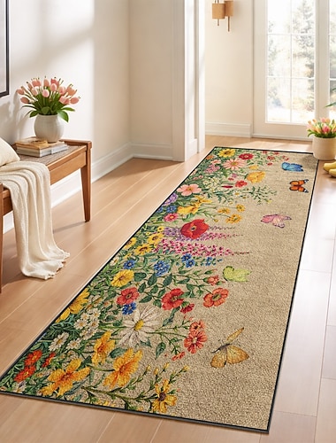  Blumenläuferteppich mit farbenfrohem Gartenblüten- und Schmetterlingsmotiv, langer dekorativer Flurteppich für den Eingangsbereich