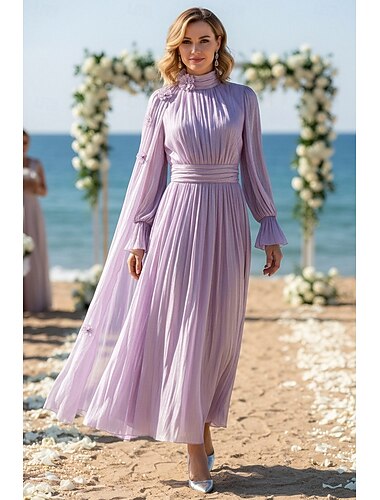  A-linje Gulvlengde Formell kjole Aftenkjole Kappekjole Gjestekjoler til bryllup Elegant Daglig Langermet Høyhalset Formell Cowlhals med 3D-blomster Plissert Shouder blomst