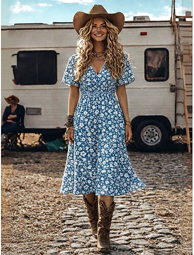  Naisten Midi Mekko Boho Rantamekko Rentoa Mekko Siivet Mekko Pitkähihainen Elegantti Bohemia Loma Loma Tavallinen Istuvuus Kukka Lyhyt Hihainen V-kaula-aukko Sininen Vaaleanvihreä Beige Kesä Kevät
