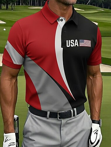  2026年7月4日 250周年 男性用 アメリカの米国旗 ゴルフ スポーツポロシャツ 半袖 ポロシャツ 襟付きシャツ カジュアル アスレイジャー フェスティバル衣装 ボタン 夏 春 ルビーレッド グレー ブラック