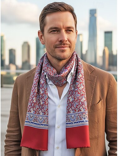  Lenço masculino com estampa paisley, lenço de pescoço leve em poliéster com estampa multicolorida, estilo clássico e elegante para homens, adequado para uso diário, ocasiões casuais de negócios, festas e looks sazonais.