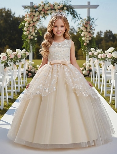  Blumenmädchenkleid Mädchen Formelle Kleidung Hochzeitskleidung Party Hochzeit Formell Mode Niedlich Formell Patchwork Netz Blumen Prinzessin Ärmellos Rundhalsausschnitt Blau Champagner Ab 4 Jahren
