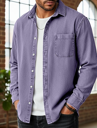  Herren Hemd Freizeithemd Vintage-Shirt Knopfhemd Acid-Wash-Shirt Blau Schwarz Hellgrün Wein Marineblau Langarm Einfach Revers Lässig Streetwear Tasche Bekleidung Baumwolle Mode Retro Vintage Lässig