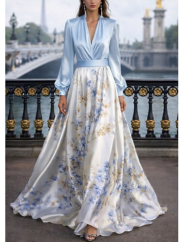  A-linja Kokopitkä Iltapuku Muodollinen mekko Tyylikäs Kukka-aihe Silkkinen Pitkähihainen V kaula-aukko Häät Muodollinen Satiini kanssa Kukkapainatus