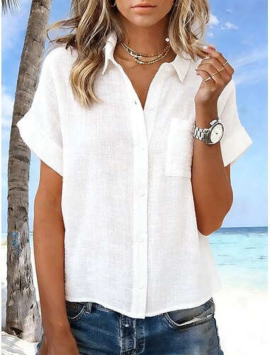  Dame Skjorte Uformell skjorte Bluse Knapper عادي Stilfull Klassisk Moderne Kortermet Skjortekrage Vanlige topper Daglig Ferie Ut på byen Blå Hvit Rosa Rød Lyseblå Sommer Vår