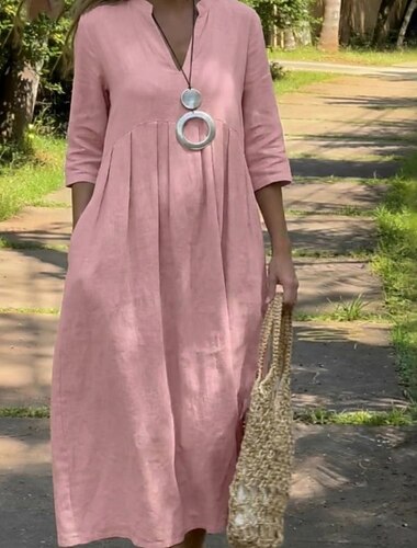  Mulheres Vestido midi Linho de algodão sintético Vestido de turno Vestido Kaftan Vestido casual Elegante Vintage Moda Diário Férias Para Noite Ajuste Largo Tecido Manga Longa Decote V Azul Branco