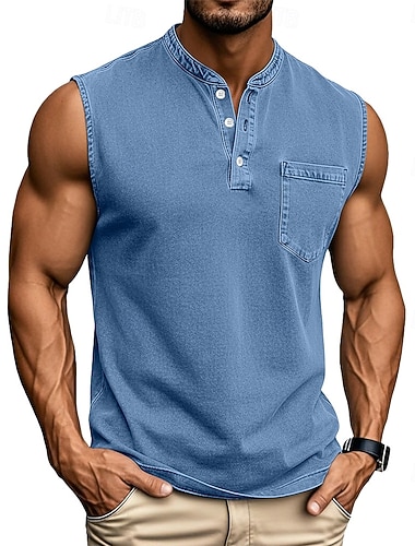  Herre Singleter Vest topp T-skjorte i bomull Ermeløs skjorte Ermeløs Henley Sommer عادي Mote Designer Grunnleggende Lomme Plaggfarget Knapper Avslappet Feriereise Gate Svart Lysegrønn Rosa Topp
