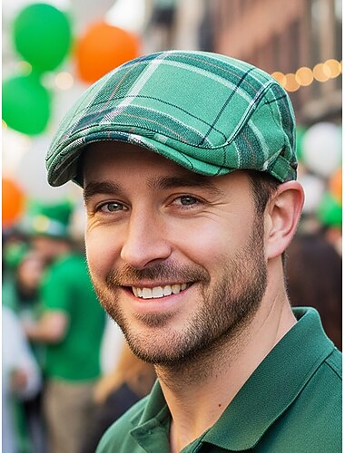  Herren-Schiebermütze mit Karomuster, Baumwoll-Polyester-Mischgewebe, mehrfarbig, klassische Ivy-Mütze für den St. Patrick's Day und als lässige Alltagsmütze