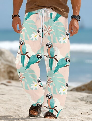 Homens Flores tropicais Papagaio Folha de palmeira Calças Calça casual Calças largas Cintura Média Havaiana Ao ar livre Férias Roupa de Praia Cintura elástica com cordão Calças de linho com bolsos