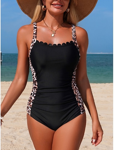  Damen Badeanzug Bikini Zweiteilig Bademode Schlank Rückenfrei Urlaub Strandbekleidung Leopard Rundhalsausschnitt Ärmellos Badeanzüge