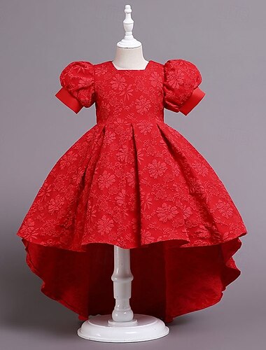  Bloemenmeisjesjurk Voor meisjes Formele kleding Trouwkleding Feest Bruiloft Formeel Aanbiddelijk Formeel Mooi Met ruches Lapwerk Bloemig Korte Mouw Vierkante kraag Blozend Roze Rood 4 jaar +