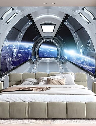  3D-rymdskepp, väggmålning, sci-fi-rymdskeppscockpit, väggkonst, vy av jorden från rymden, galax, futuristisk gobeläng för sovrum, spelrumsinredning