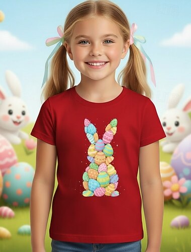  100% katoenen paas T-shirt voor meisjes in blauw, zwart en wit met grafische print van een konijn, ronde hals, korte mouwen, geschikt voor dagelijks gebruik, outdoor, streetwear, casual design, zomer