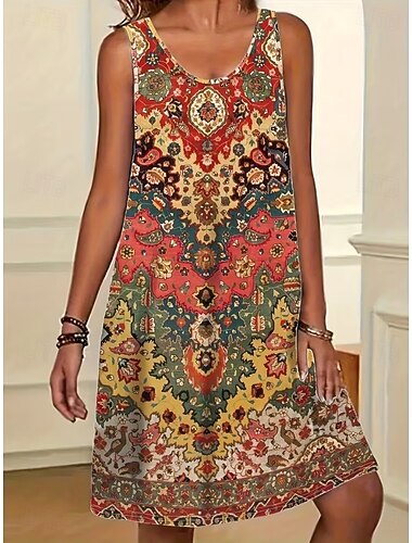  Dam Mini klänning Solklänning A linjeklänning Sommarklänning Semester Ledigt Boho Strand Fest Bröllop Lös passning Grafisk Löv Abstrakt Ärmlös U-hals Blå Ljuslila Orange Grön Sommar Vår