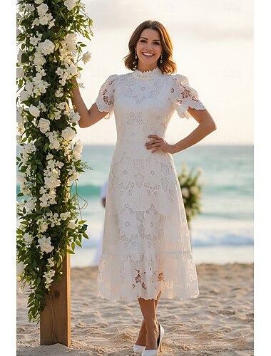  Ligne A Longueur thé Robe de Mariée en Dentelle Blanche petite robe blanche Élégant Petites Robes Blanches Manche Courte Col haut Mariage avec Dentelle