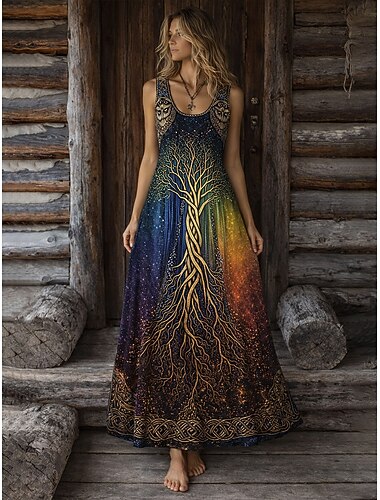  Damen Midi Kleid Boho Freizeit Kleid Swing Kleid Sommerkleid Kleid Vintage Strand Reguläre Passform Grafik Farbverlauf Ärmellos Rundhals Blau Grün Sommer Frühling
