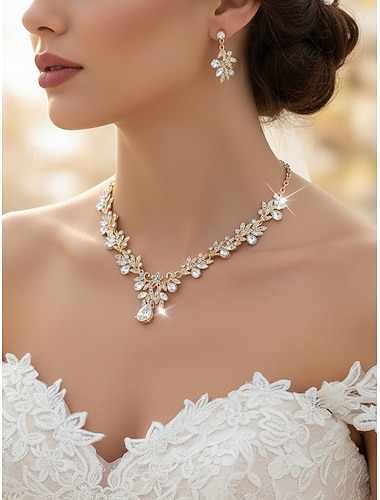  elegant krystallkjede og øredobbersett for kvinner – glitrende dråpe- og bladdesign for bryllup og formelle begivenheter