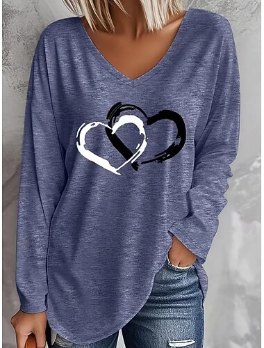  Valentinstag Damen T Shirt Druck Herz Grafik Vintage Stilvoll Klassisch Langarm V Ausschnitt Lange Oberteile Täglich Blau Grün Frühling Herbst