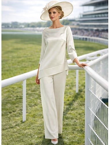  Broek Tot de grond Moeder van de bruid jurk 3/4 mouw Met sieraad Elegant Eenvoudig minimalistische Formeel Bruiloft gast Satijn Wrap inbegrepen met Effen kleur