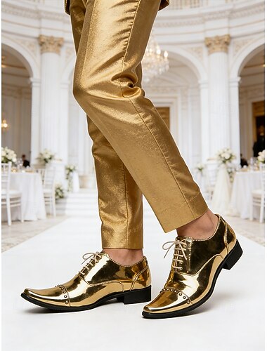  herresko med gullfarget speilfinish, stilige brudesko, luksuriøst bryllupssko for brudgom og VIP-gjester