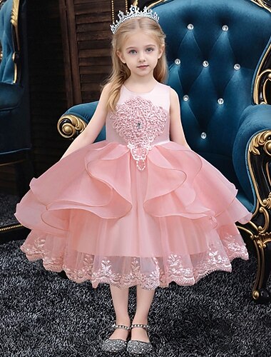  فستان حاملات الأزهار للفتيات الزي الرسمي ملابس الزفاف مناسب للحفلات زفاف رسمي رسمي فستان المناولة الأولى بقع شبكة لون الصلبة بدون كم رقبة العمل أحمر الخمر شامبانيا 4 سنوات +