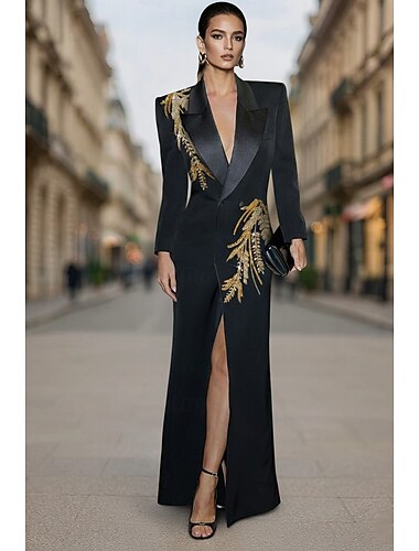  Black Tie Blazer Jurk Tuxedo Jurk Gouden Sequins Applicatie Formele Bruiloft Gast Satijnen Stretch crêpe Elegante Hoge Split Lange Mouwen Satijnen Pikeur
