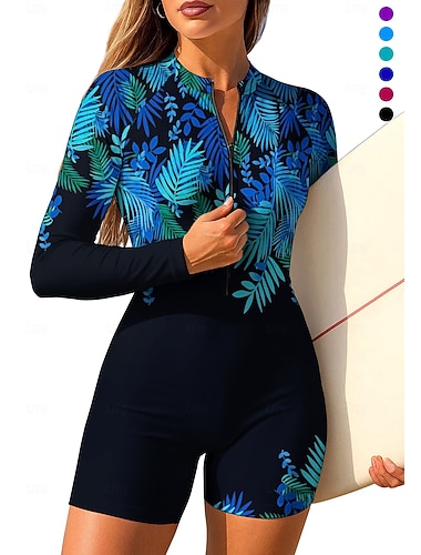  בגדי ריקוד נשים מגן מפריחה חליפת גלישה אחת בגד ים פרחוני טרופי חסימת צבעים לרכוס עם חזייה מובנית רפידות נשלפות הגנה מפני השמש UV UPF50+ קל במיוחד (UL) שרוול ארוך בגדי ים מגן מפריחה גלישה חוף ספורט מים