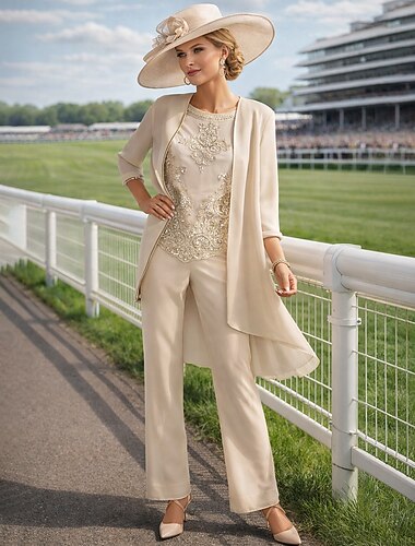  Tuta Completo Pantalone Lunghezza al pavimento Abito da cerimonia per signora Manica 3/4 Collo gioiello Elegante Formale Ospite di nozze Chiffon Pizzo con Perline Applicazioni