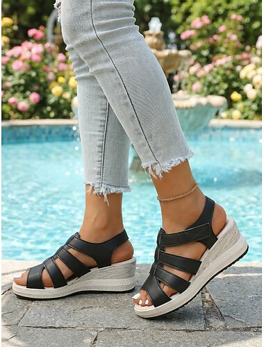  Sandalias cómodas de cuña negras para mujer: zapatos de plataforma informales con soporte para ir de compras, viajar y usar a diario.