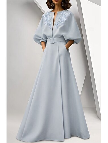  Corte A Hasta el Suelo Vestidos de noche Corte Cenicienta Vestimenta formal Elegante Manga Larga Escote en Pico Boda Formal Bolsillo Tejido elástico con Flor bordada Bordados Apliques