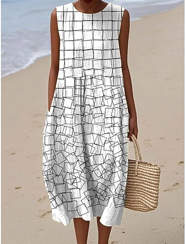  Per donna Abito Midi Abito a Tubino Vestito Estivo Abito a trapezio Vacanza Casual Boho Spiaggia Uscire Vestibilità comoda Grafico Geometrico Senza Maniche Girocollo Bianco Estate Primavera