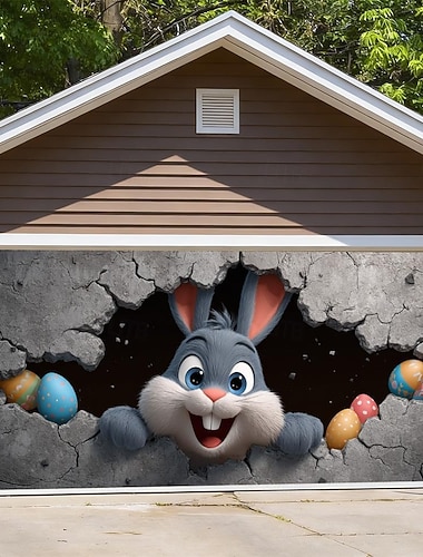  Oster-Garagentorabdeckung (157,48 x 70,87 Zoll) mit niedlichem Hasen, der durch die Wand bricht, bunten Eiern, lustige Osterdeko für Garage, Frühlingsparty, Familienfeier, Hintergrundszene