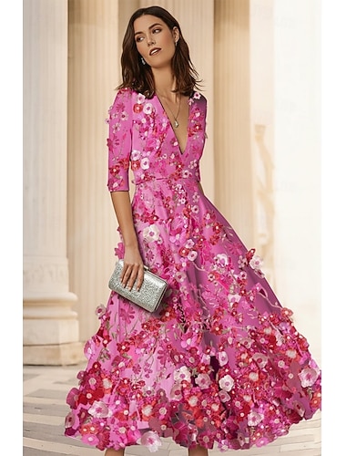  Ligne A Longueur cheville Robes de Cocktail Robes de soirée Élégant ancien Floral Demi Manches Col en V Mariage Formel Robe Rose Satin avec Broderie Poche