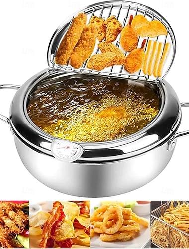  Frityrkoker i rustfritt stål 304 med temperaturkontroll, multifunksjonell oljesparende stekepanne med avtakbar filterkurv, universalbunn for gass &Induksjonskomfyrer, 2,2l/3,2l frityrgryte til kjøkken