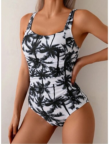  Damen Badeanzug Einteiler Monokini Hoher Schnitt Bademode Bauchkontrolle Hohe Taille Rückenfrei Urlaub Strandbekleidung Grafik Tropisch U-Ausschnitt Ärmellos Badeanzüge