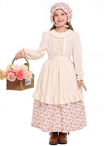  250e anniversaire des États-Unis 19ème siècle années 1800 Robe Prairie Ensemble bonnet et tablier Manches longues Fille pionnière Epoque Coloniale Pionnier Guerre d'indépendance américaine Imprim