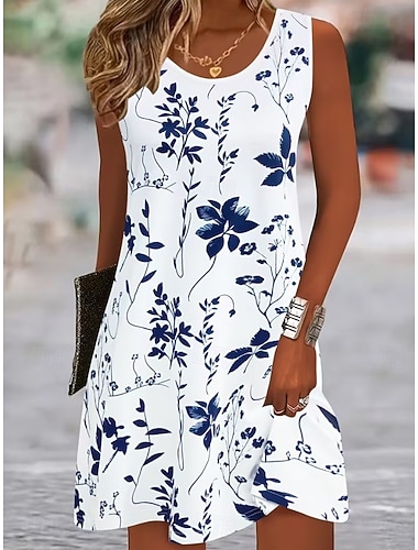  Damen Knielanges Kleid Freizeitkleid A Linie Kleid Blumenkleid Sommerkleid Stilvoll Lässig Date Normale Passform Blumen Ärmellos V Ausschnitt Rundausschnitt Schwarz und Weiß Hellrosa Weiß Rote Sommer