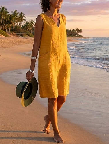  Damen Midikleid Shiftkleid Sommerkleid Baumwoll-Leinen-Kleider Freizeitkleid Basic Lässig Täglich Urlaub Ausgehen Normale Passform Einfarbig Ärmellos V-Ausschnitt Blau Gelb Rosa Grün Sommer Frühling