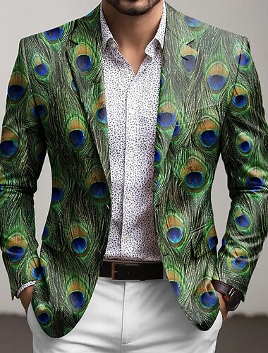  Herre Fjer Blazer jakke Frakke Bekvem Åndbart Kunstnerisk Afslappet Daglig Festaftentøj 3D-udskrivning Knapper Multi lomme Forår Efterår vinter Hakrevers Langærmet Lilla Grøn Grå