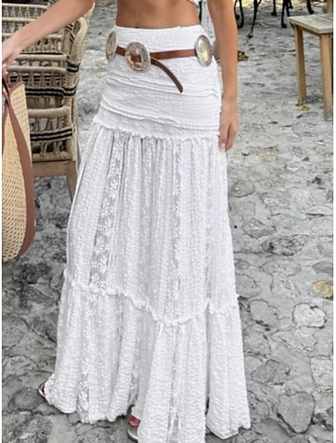  Damen Spitzenrock Mode Lässig Boho Maxi Hohe Taille Röcke Einfarbig Spitze Patchwork Mikroelastisch Täglich Date Weiß Sommer Baumwolle